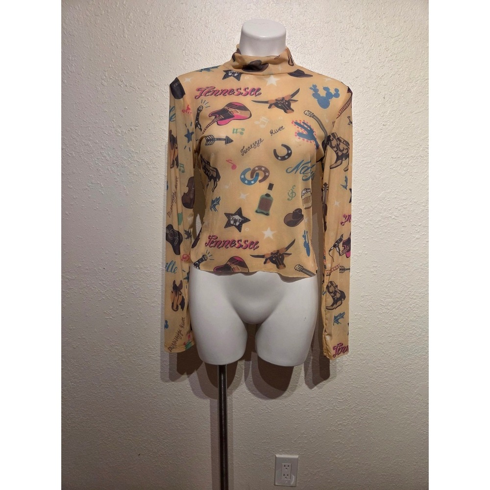 Nylon Apparel Nashville Tennessee Western Mesh Mock Neck Top Tan Long Sleeve L